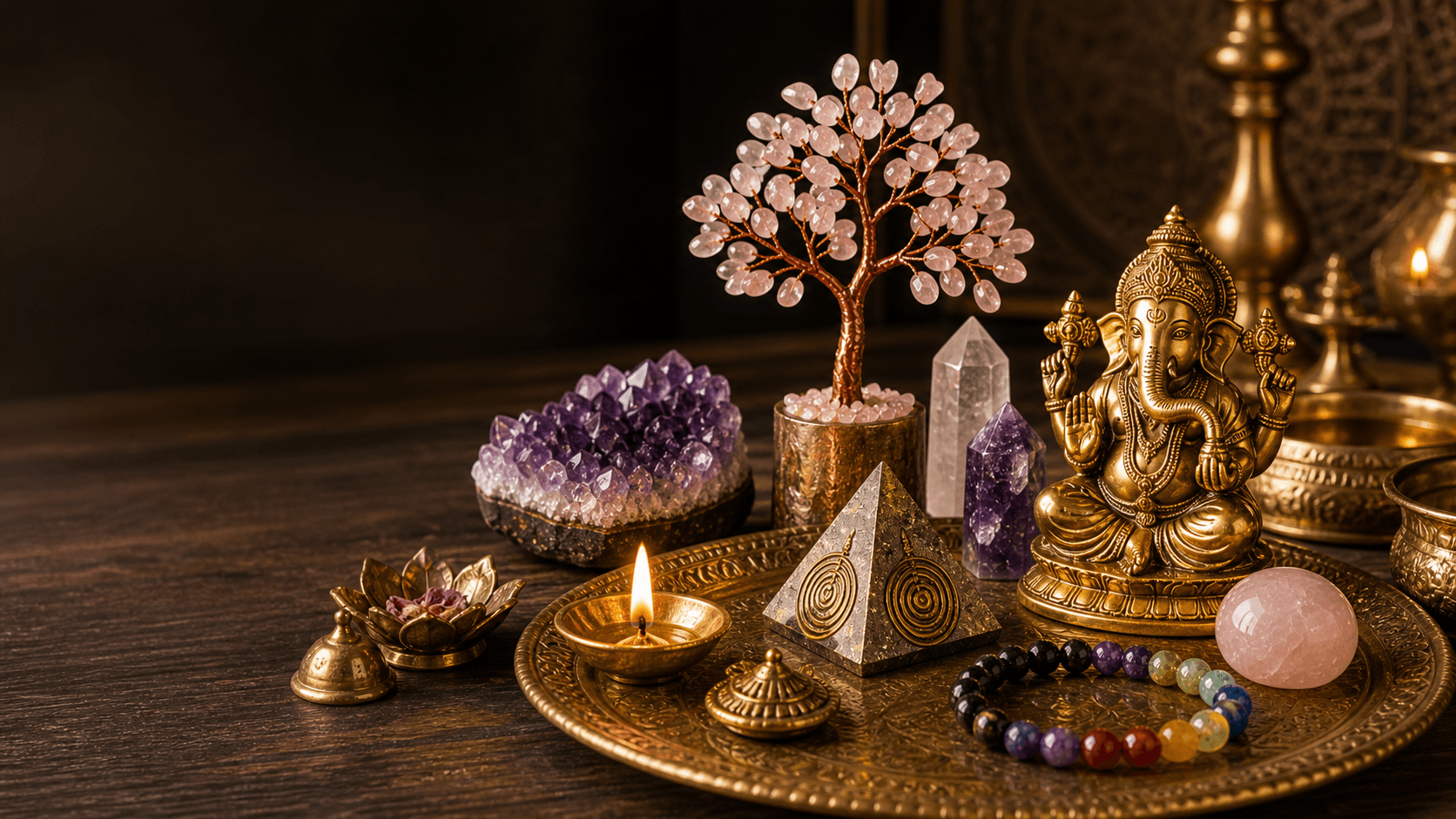 Sacred crystals, brass idol and pooja essentials